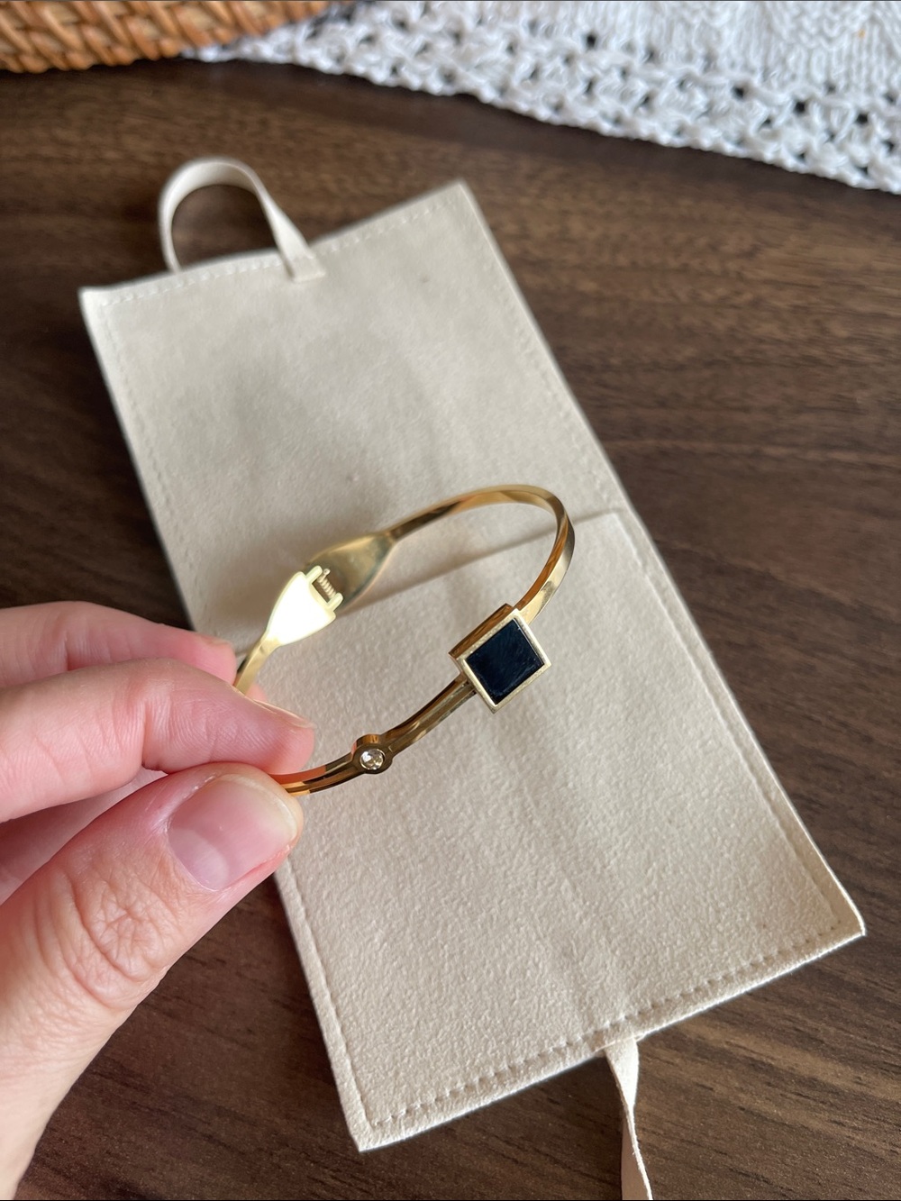 Gold-Tone Bangle Bracelet with Black Square Accent